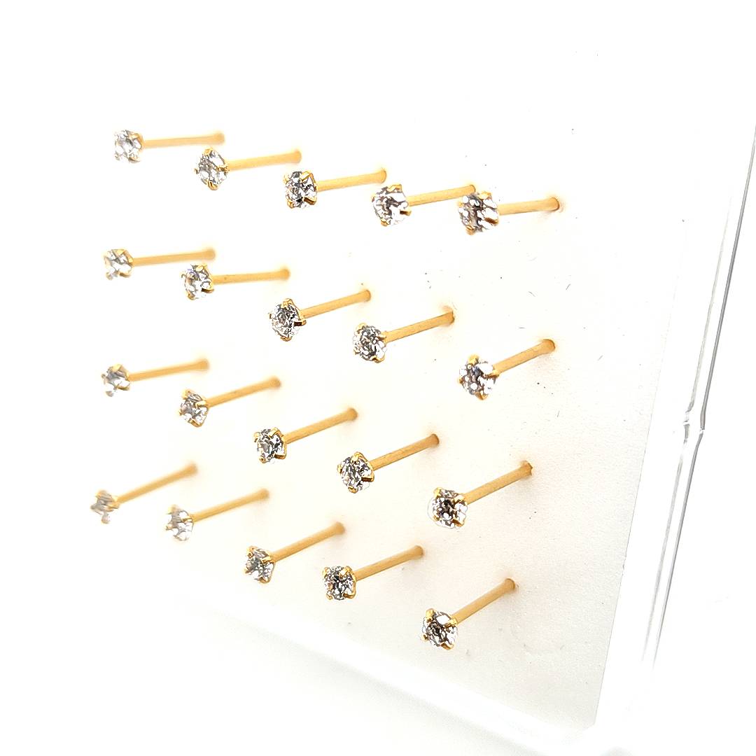 22G/20G Nose Stud, CZ Prong Set Fishtail-Gold Steel