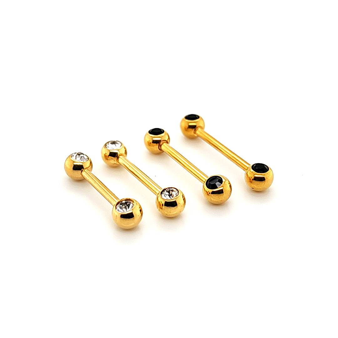14G Nipple Barbell, Front Gem 5mm-Gold Steel