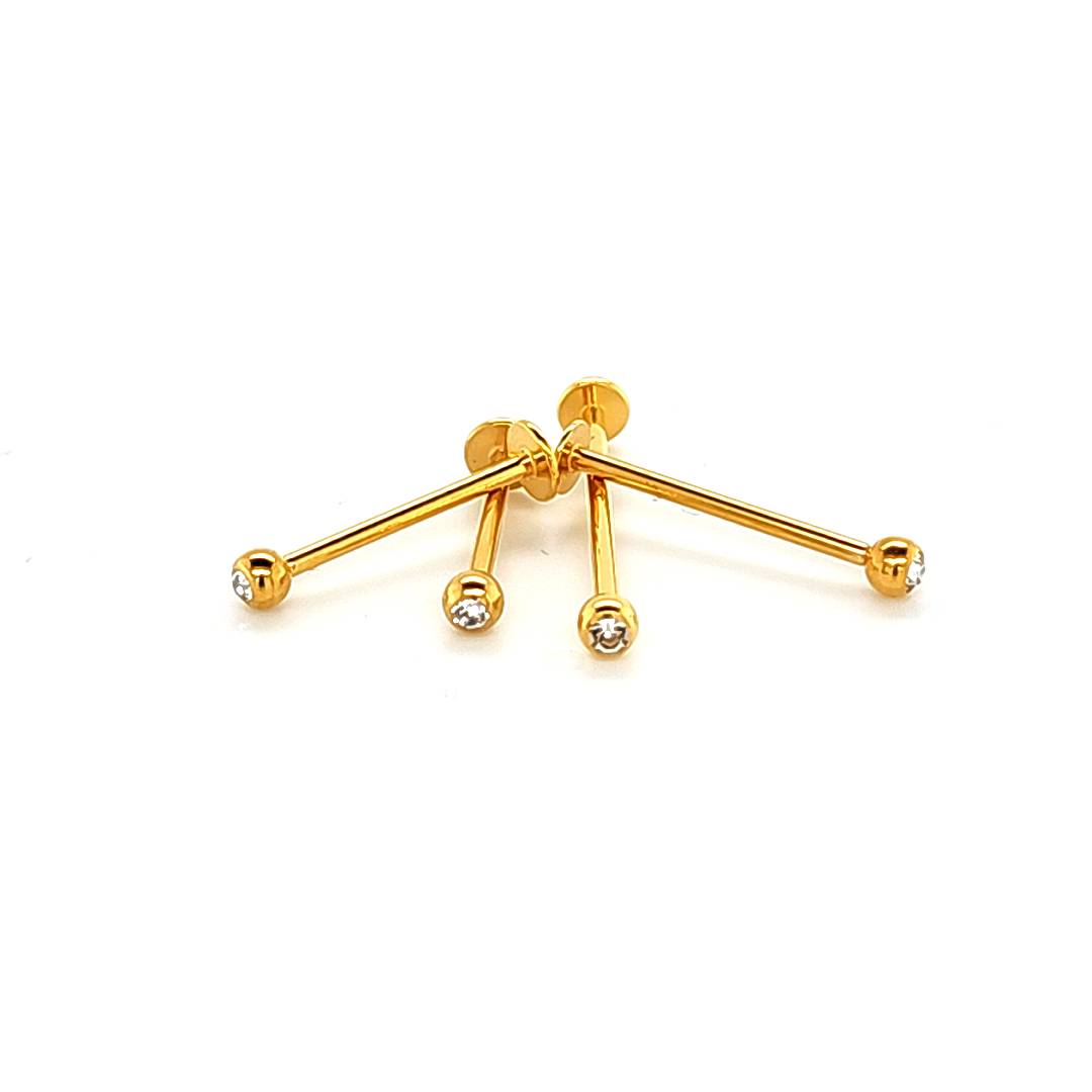 16G Labret, Long Shaft Jeweled-Gold Steel