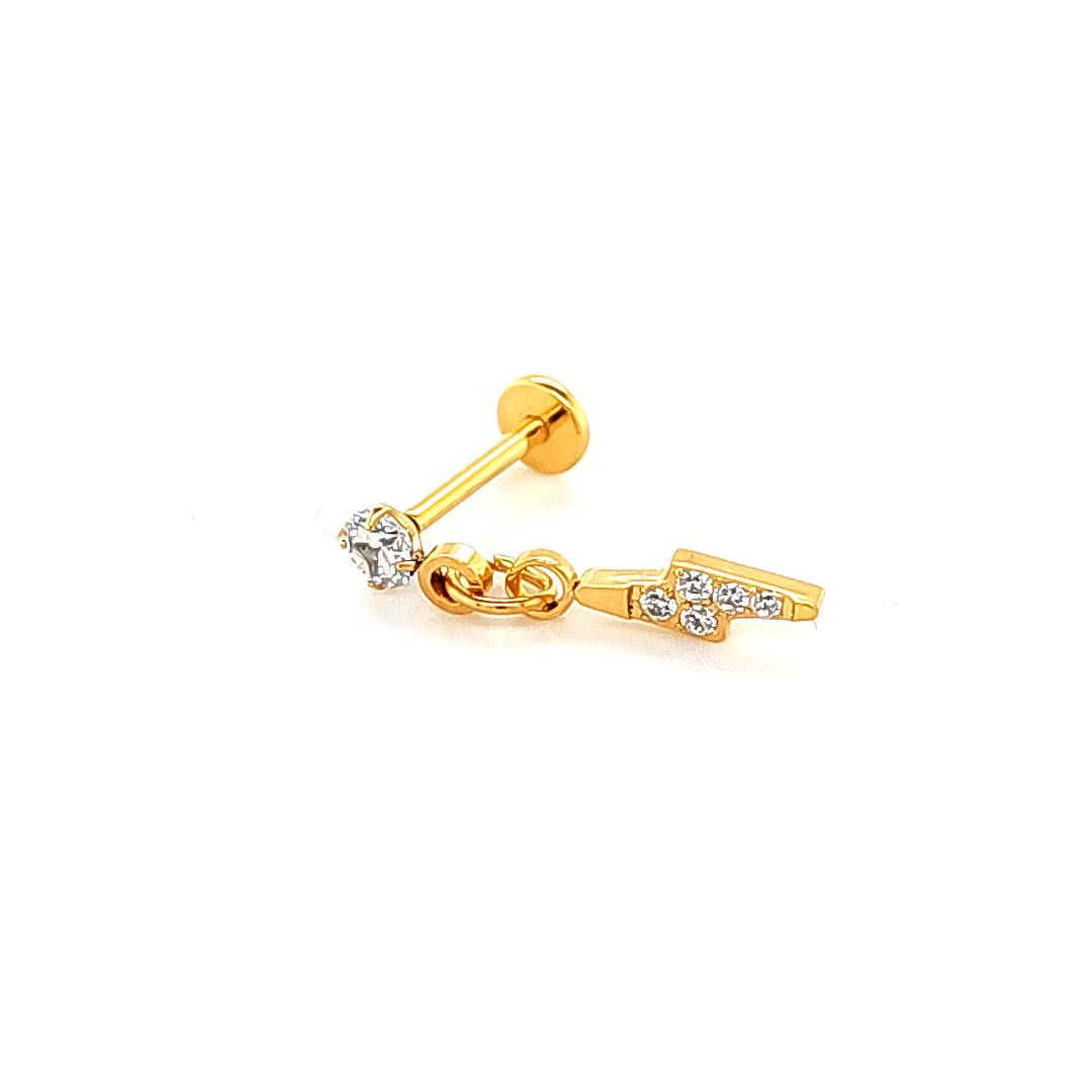 18G Labret- Casting CZ Lighting Bolt Dangle- Gold Steel