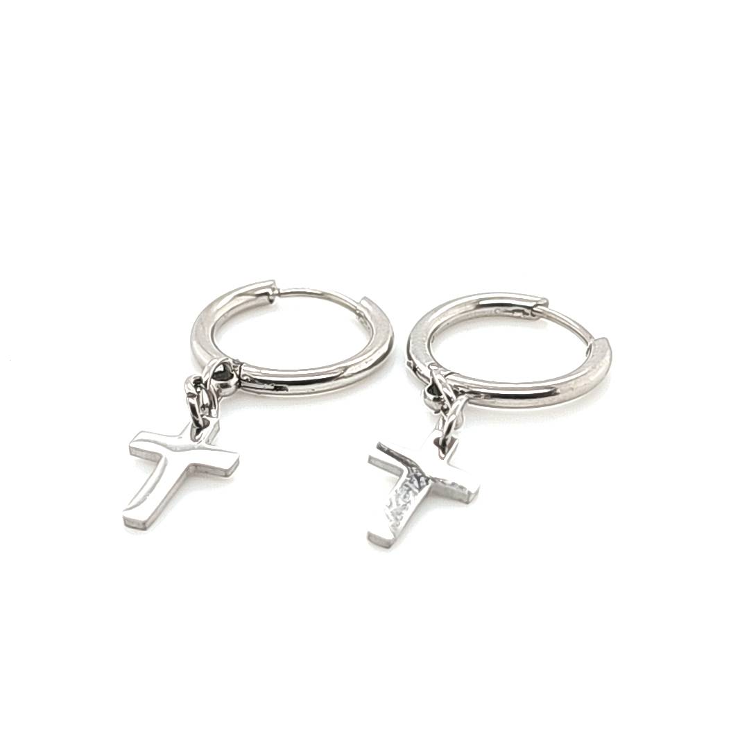 Thin Round Hoop w/Small Cross Dangle Earring- 316L S. Steel