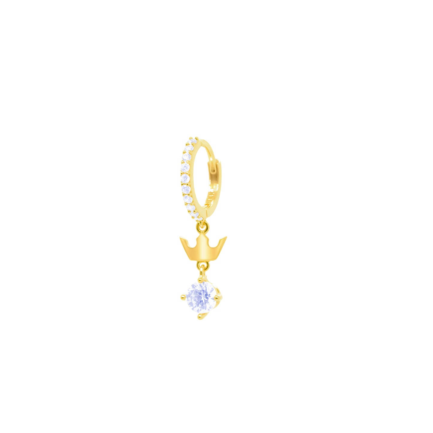 14K Gold-CZ Hoop Earring w/Cown Dangle