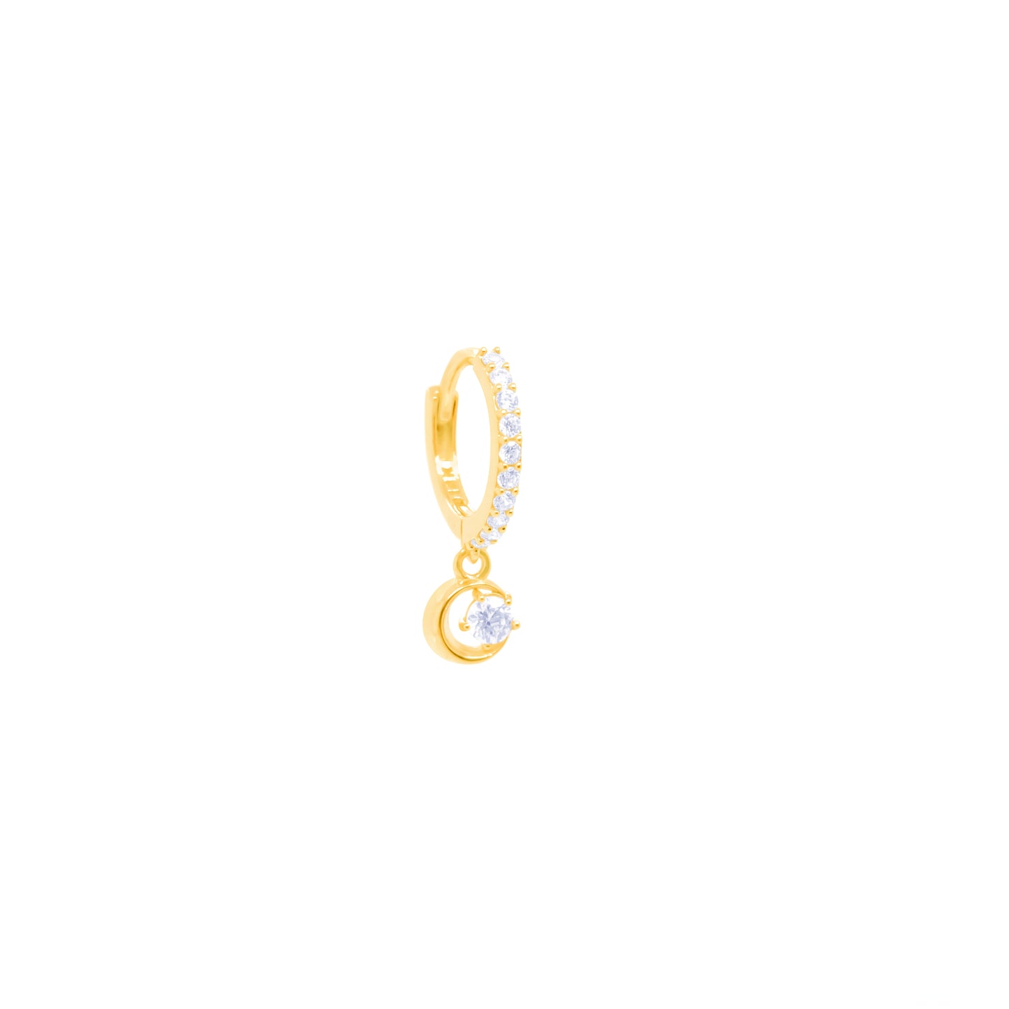 14K Gold- CZ Hoop Earring w/Crescent Dangle