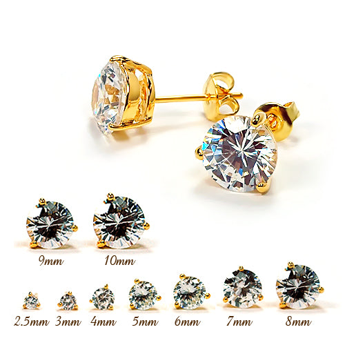 3 Prong Round Clear CZ Earstud-Yellow Gold