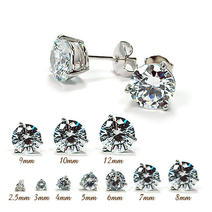 3 Prong Round Clear CZ Earstud-White Gold