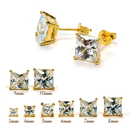 Square Clear CZ Earstud Yellow Gold