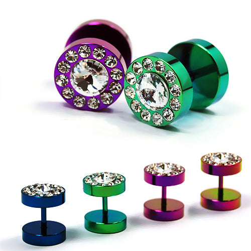 16G Fake Barbell, 00G Multi Jeweled-Color Steel