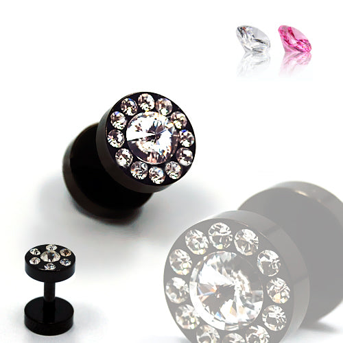 16G Multi Jeweled Fake Plug-Black Steel