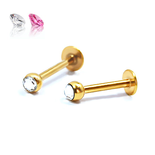 16G Labret, Flat Stone External Jeweled Ball- Gold Steel