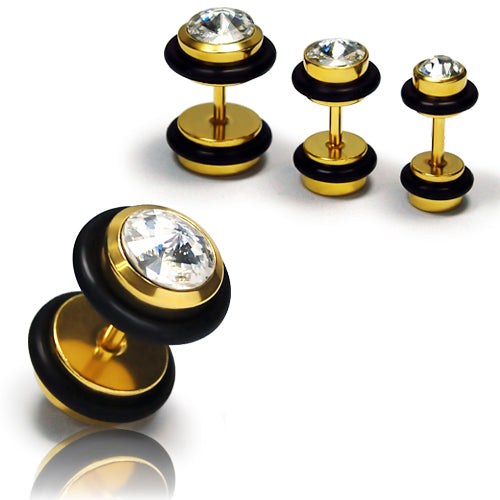 16G, Jeweled 00G Fake Plug-Gold Steel