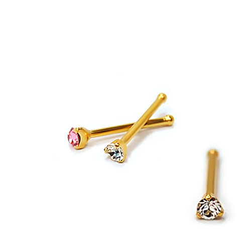 22G, 3 Prong set Nose Stud, 20pc.Case-Gold Steel