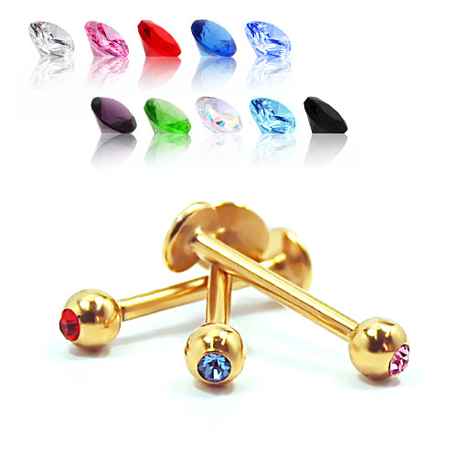 16G Labret, Jeweled 3mm Ball-Gold Steel