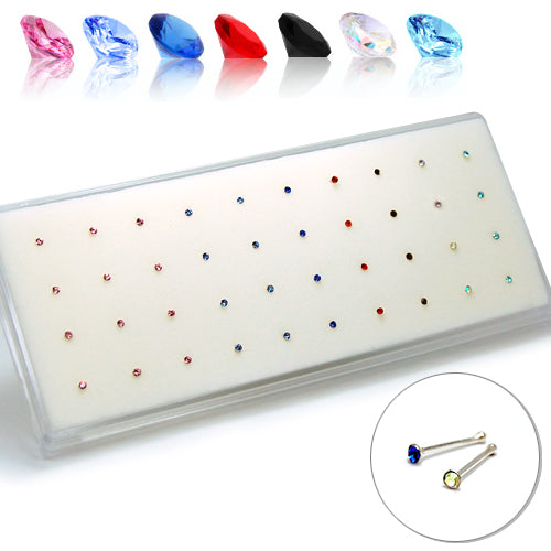 925.Sterling Silver Ball End-Color Gem Nosestud, 40pc. Box