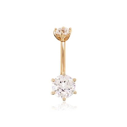 14K Gold- 14G Double CZ Set Prong Navel Ring