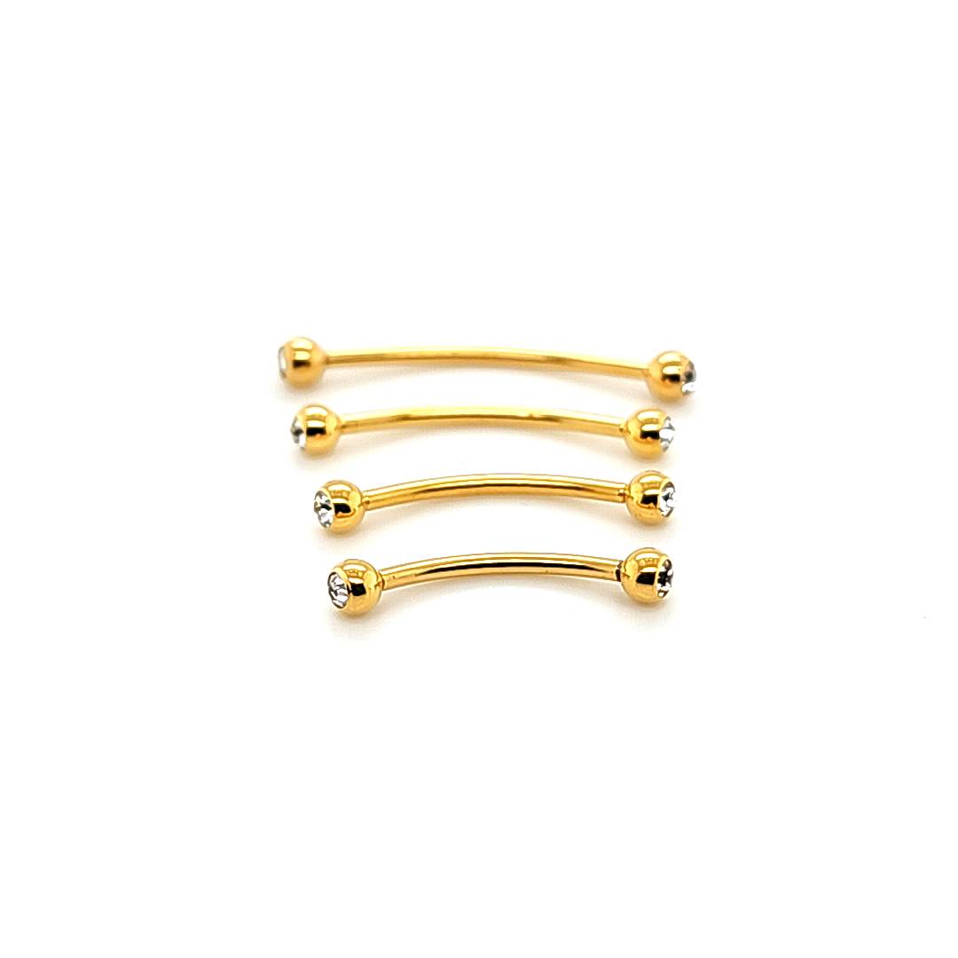 16G Eyebrow, Long Shaft Jeweled -Gold Steel