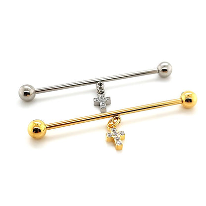 16g/14g Industrial Barbell- Casting CZ Cross Dangle- 316L S. Steel