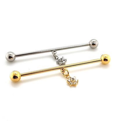 16g/14g Industrial Barbell- Casting CZ Flower Dangle- 316L S. Steel