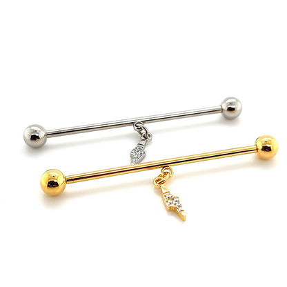 16g/14g Industrial Barbell- Casting CZ Lighting Bolt Dangle- 316L S. Steel
