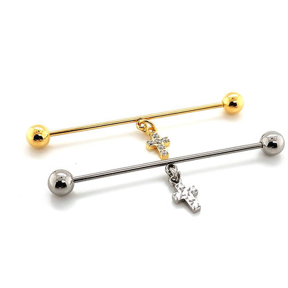 16g/14g Industrial Barbell- Casting CZ Cross Dangle- 316L S. Steel