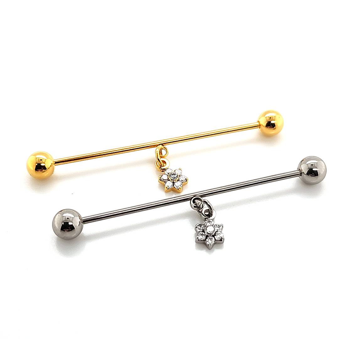 16g/14g Industrial Barbell- Casting CZ Flower Dangle- 316L S. Steel