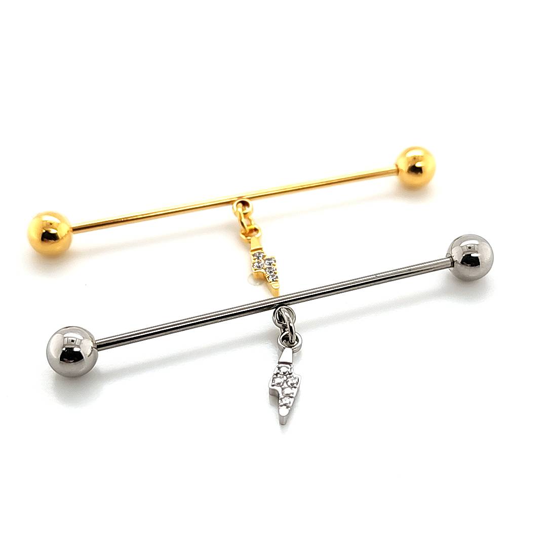 16g/14g Industrial Barbell- Casting CZ Lighting Bolt Dangle- 316L S. Steel