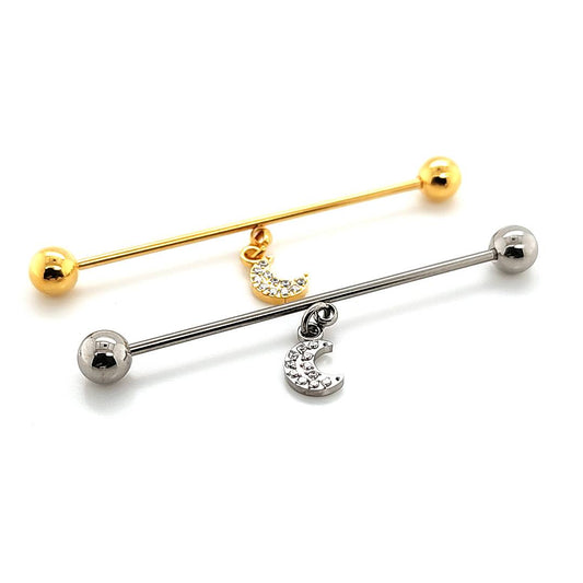16g/14g Industrial Barbell- Casting CZ Moon Dangle- 316L S. Steel