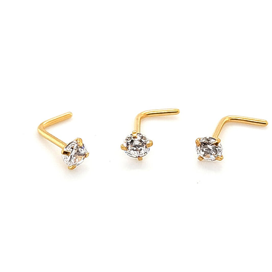 20G Nose L Shape, CZ Set-Gold Steel