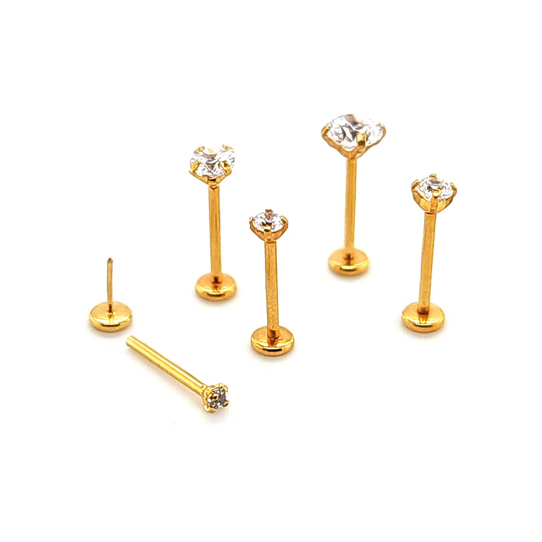 20G-5/16"(8mm) Back Push Labret, CZ Prong Set-Gold Steel