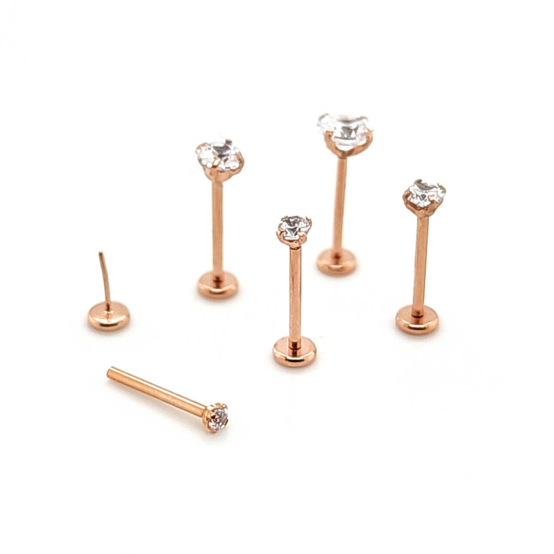 20G-5/16"(8mm) Back Push Labret, CZ Prong Set -Rose Gold Steel