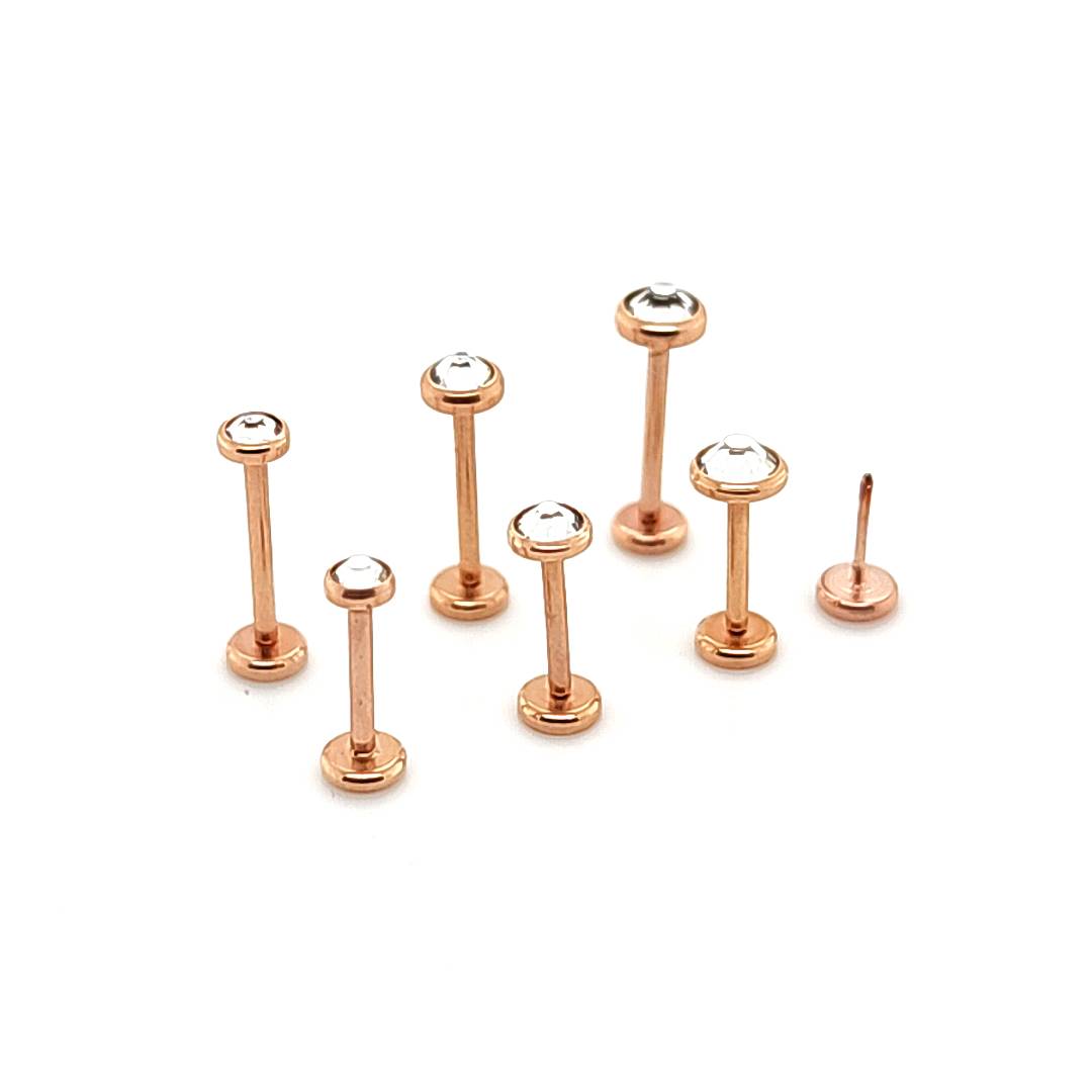 20G Back Push Labret, Big Flat Gem-Rose Gold Steel