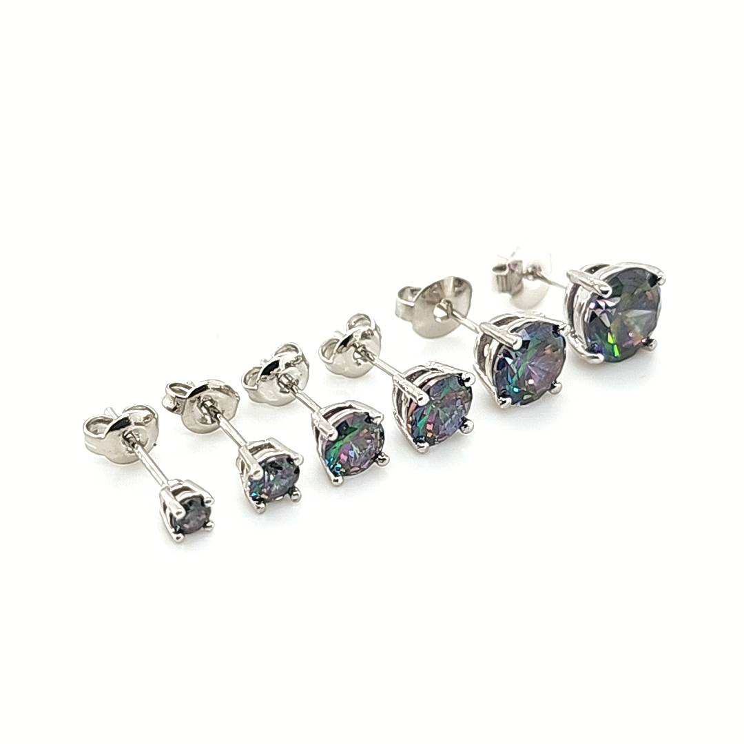 4 Prong Round Rainbow Black CZ Earstud-White Gold