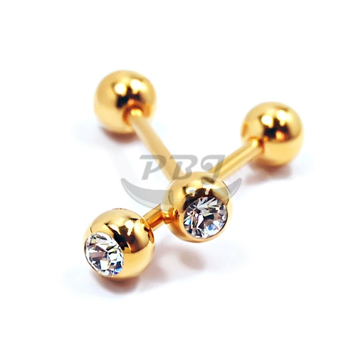 16G Nipple Barbell, Double Gem-Gold Steel