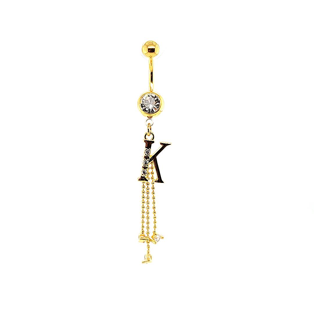 14G Belly-Initial Dangle J~R - Gold Steel