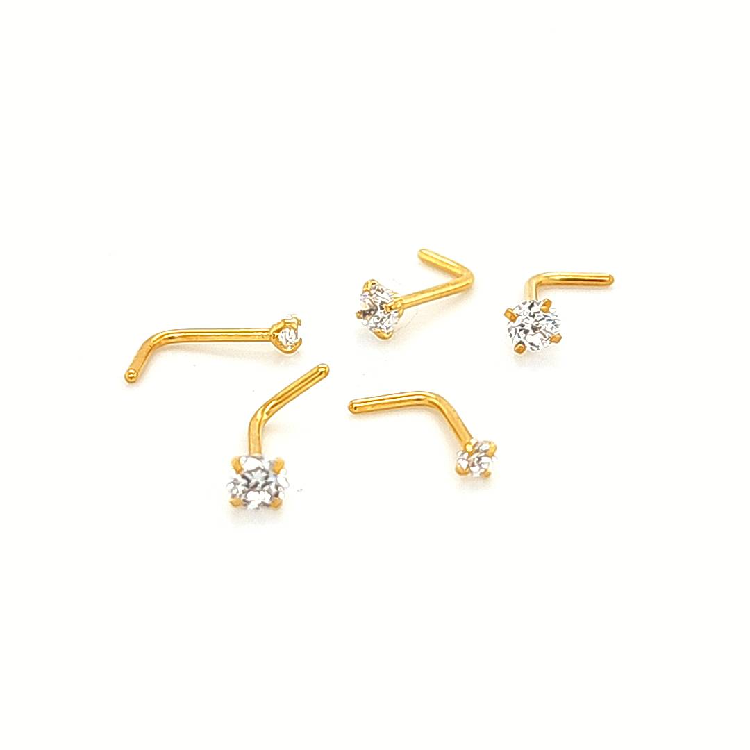 20G Nose L Shape, CZ Set-Gold Steel