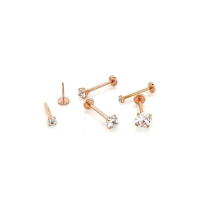 20G-5/16"(8mm) Back Push Labret, CZ Prong Set -Rose Gold Steel