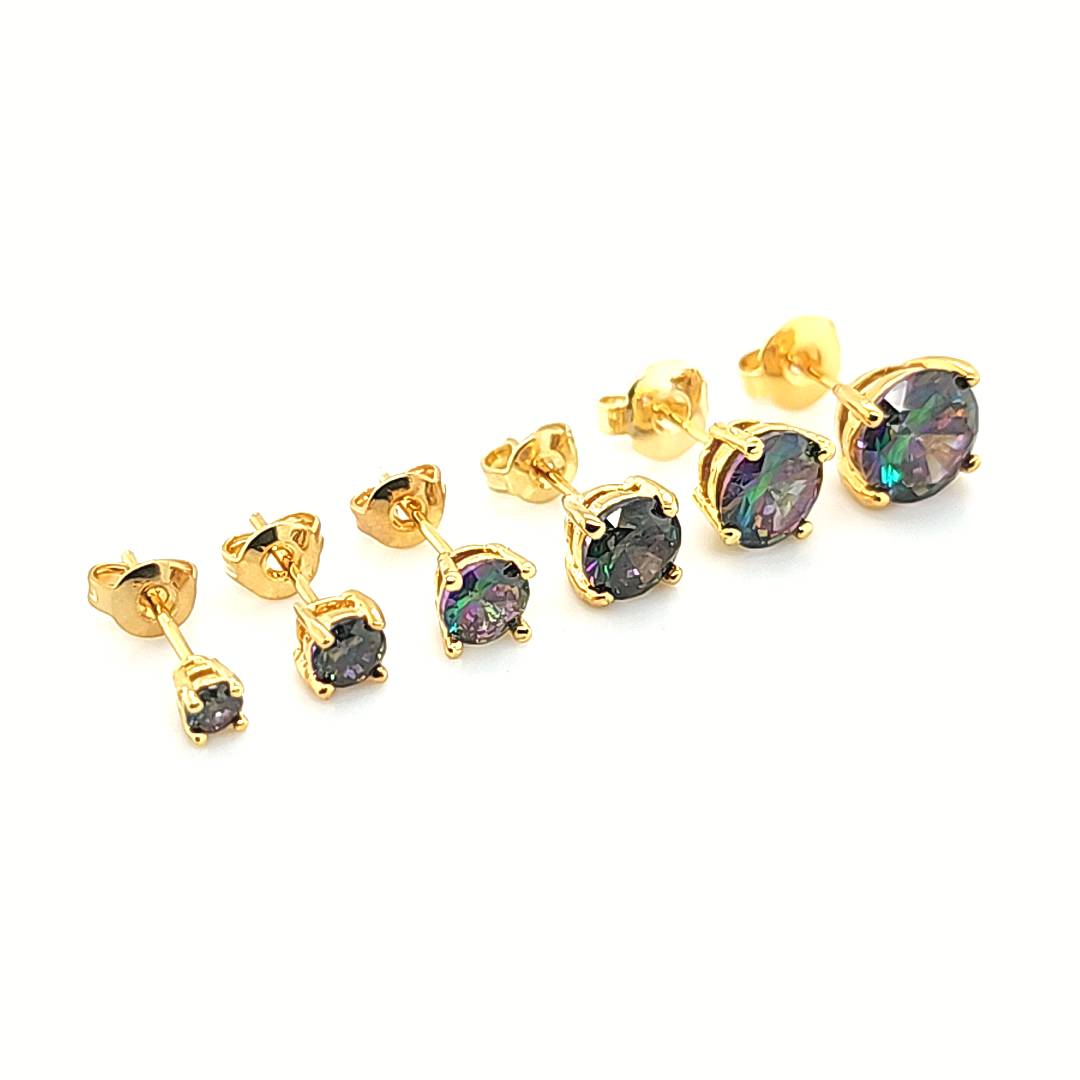 4 Prong Round Rainbow Black CZ Earstud-Yellow Gold