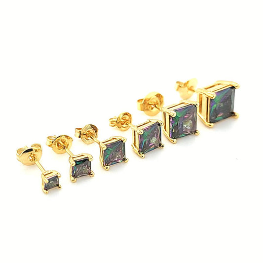 Sqaure Rainbow Black CZ Earstud- Yellow Gold