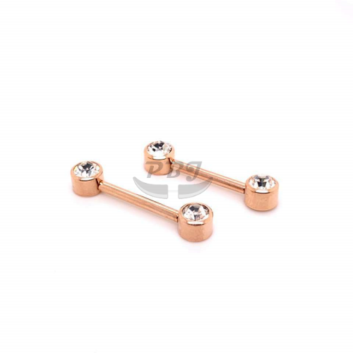 14G Nipple Barbell, Push Bezel Gem-Rose Gold Steel