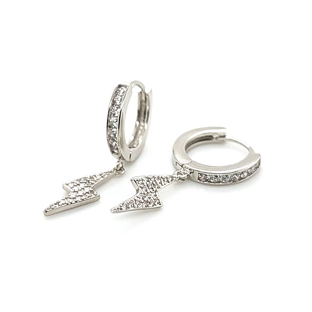 CZ Hoop w/CZ Lightning Bolt Earring-White Gold