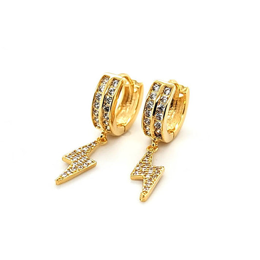 Double LIne CZ Hoop w/CZ Lightning Bolt Earring-Gold