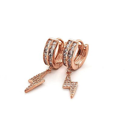 Double LIne CZ Hoop w/CZ Lightning Bolt Earring-Rosegold