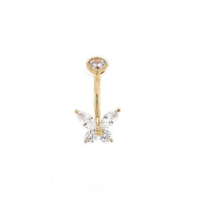 14K Gold- 14G Butterfly CZ Navel Ring