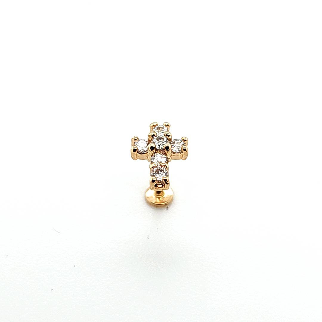 14K Gold- 18g/16g CZ Cross Labret