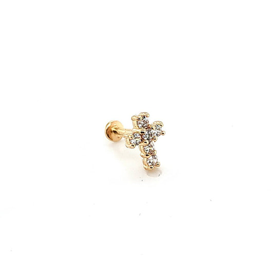 14K Gold- 18g/16g CZ Cross Labret