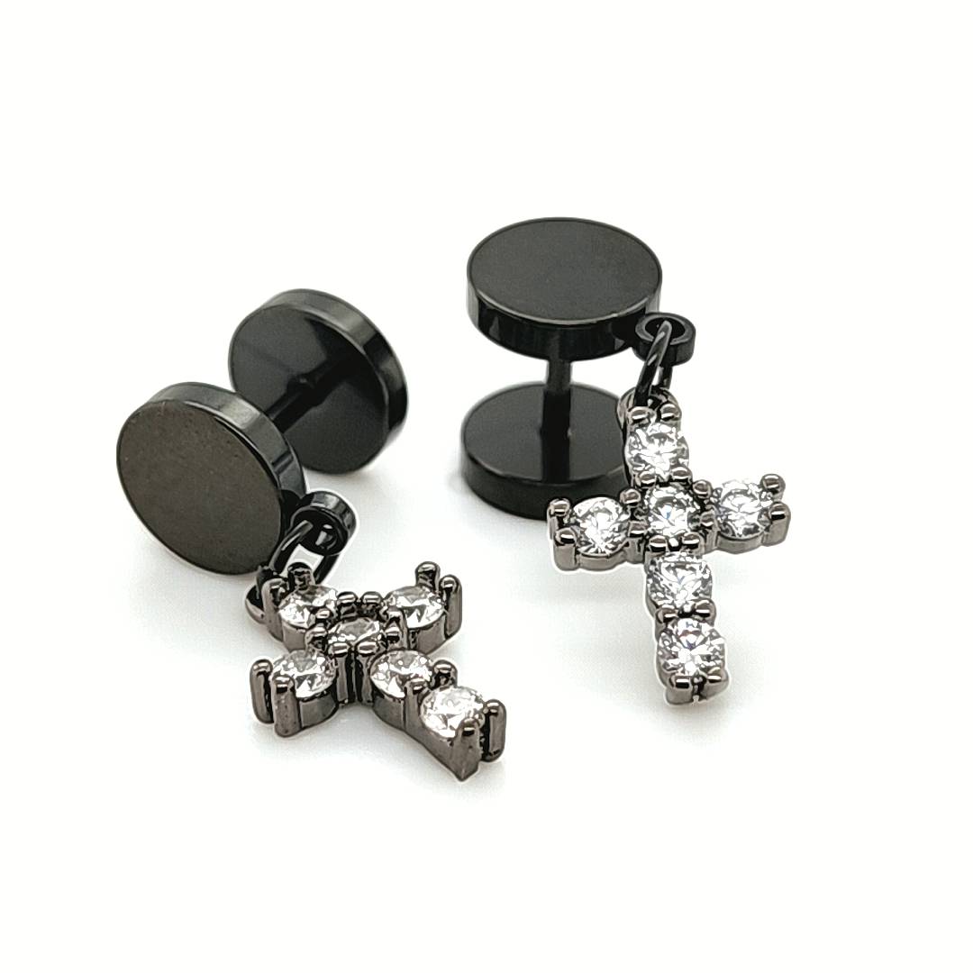 16G Fake Barbell, CZ Cross Dangle-Black Steel