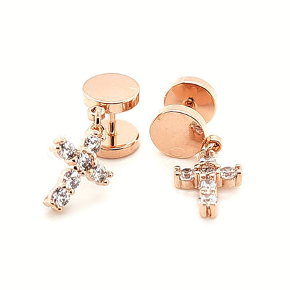 16G Fake Barbell, CZ Cross Dangle-Gold Steel & Rose Gold