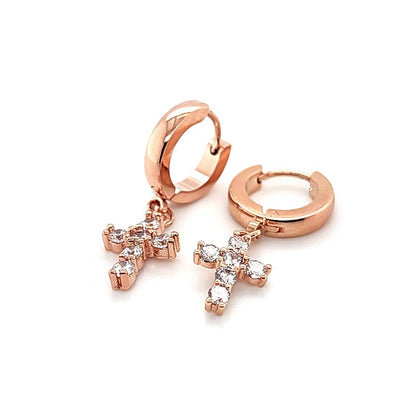 CZ Cross Dangle Hoop Earring - Rose Gold Steel