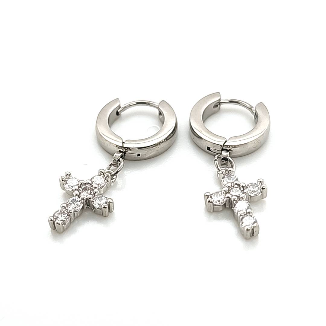 CZ Cross Dangle Hoop Earring - 316L S. Steel