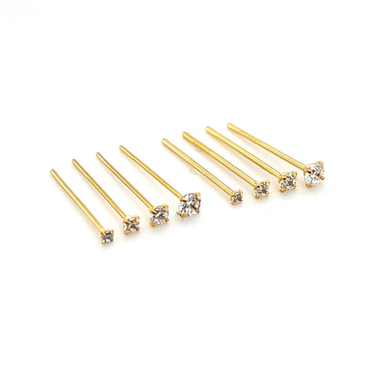 22G/20G Nose Stud, CZ Prong Set Fishtail-Gold Steel