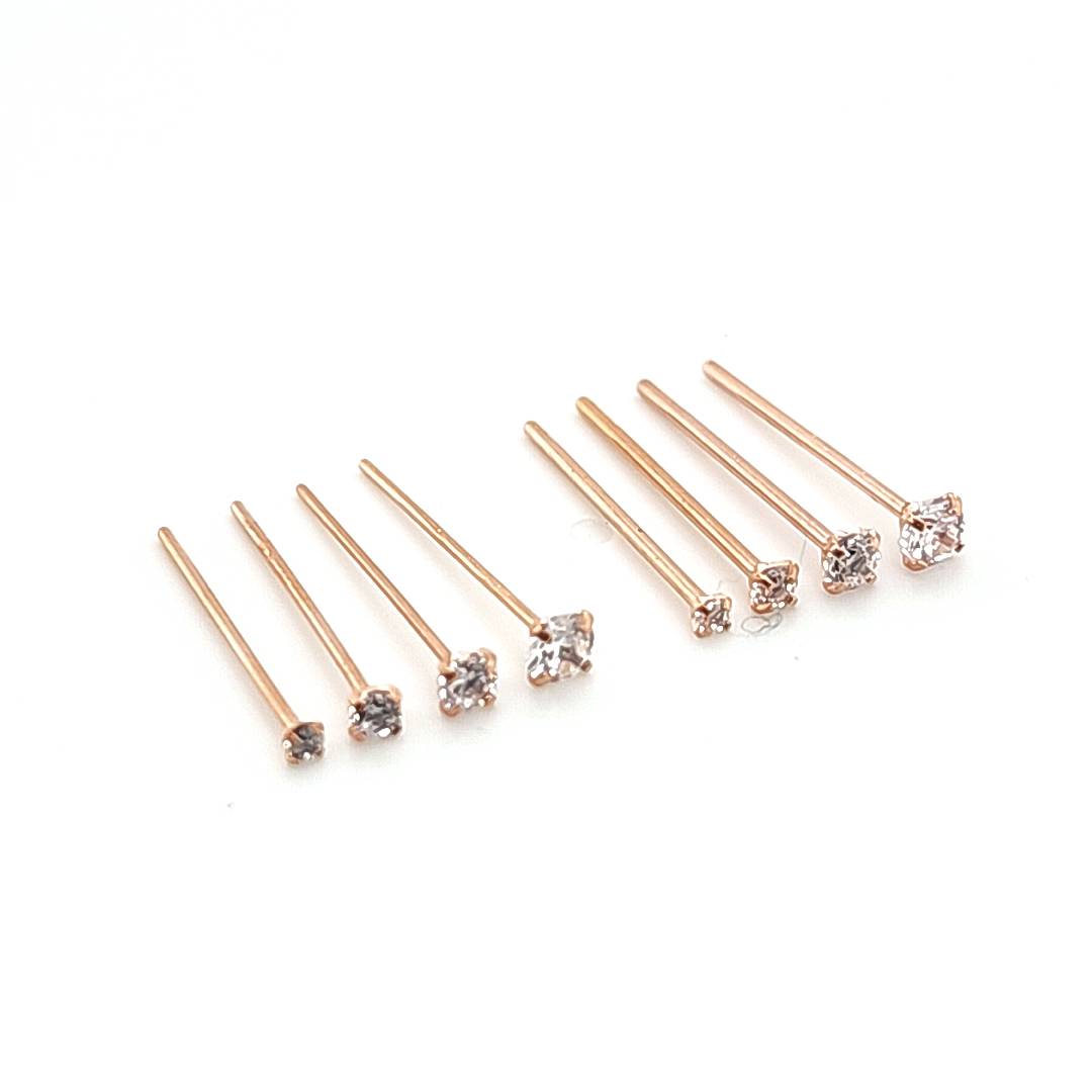 22G/20G Nose Stud, CZ Prong Set Fishtail-Rosegold Steel